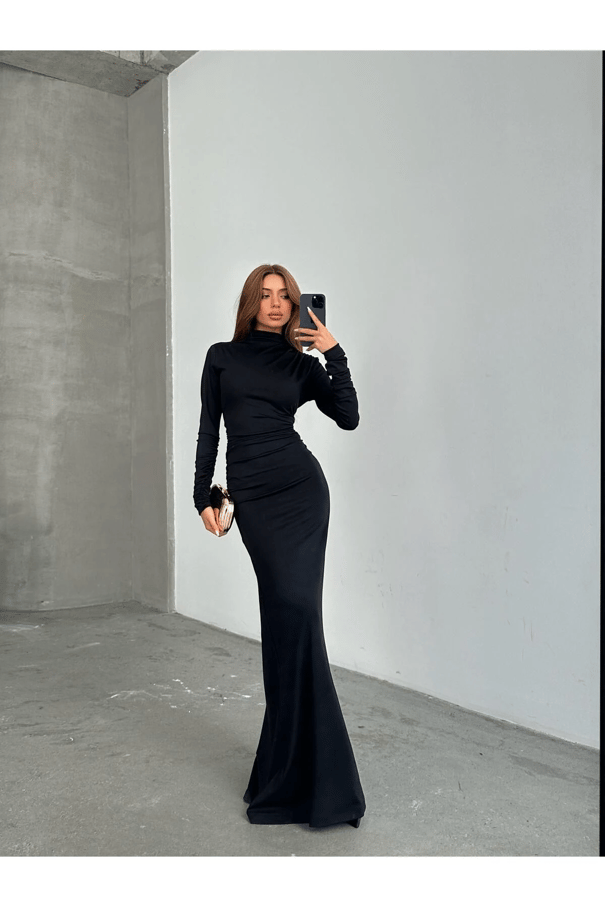 Drape Balıkçı Elbise Siyah - Siyah