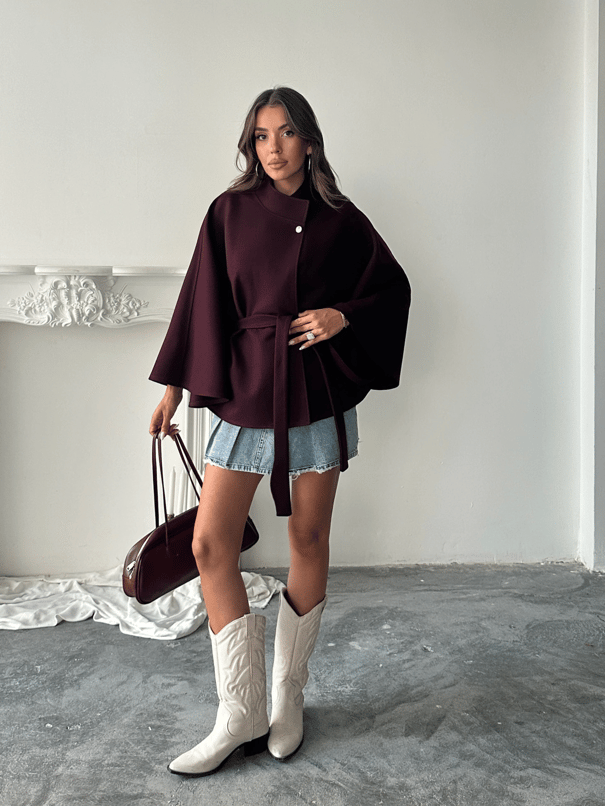 Kaşe Kuşaklı Pelerin Kaban - Bordo