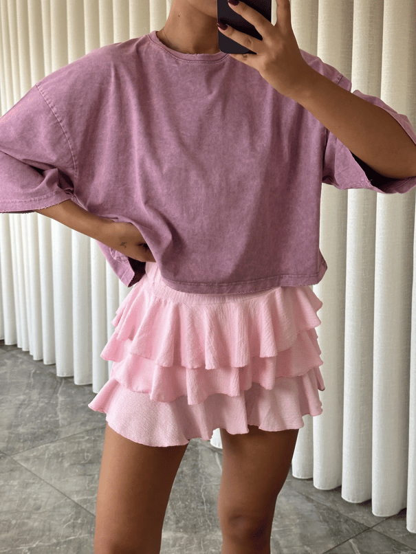 Yıkamalı Düz Crop Basic - Lila