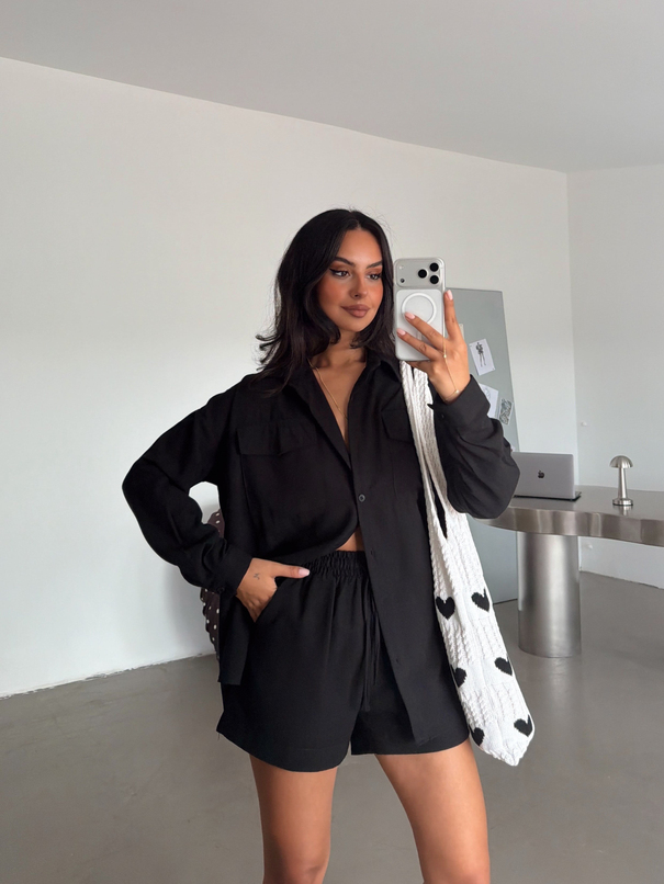 Oversize Şortlu Keten Takım - Siyah