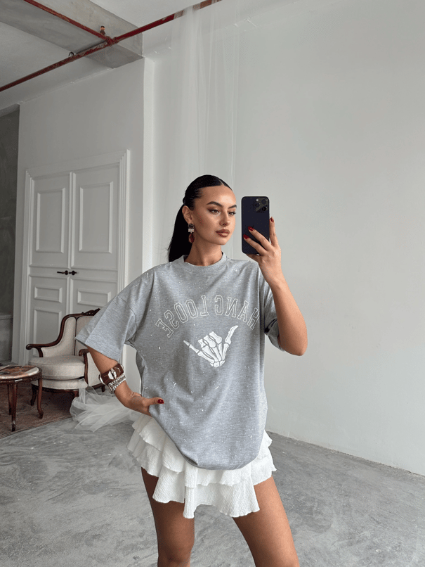 Hang Loose Baskılı Tshirt Gri - Gri