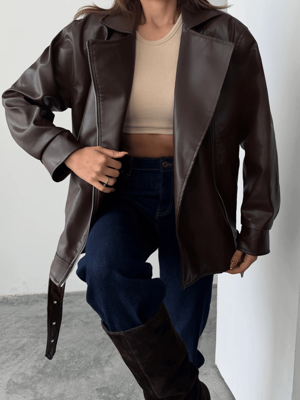Kemerli Oversize Deri Ceket  - Kahve