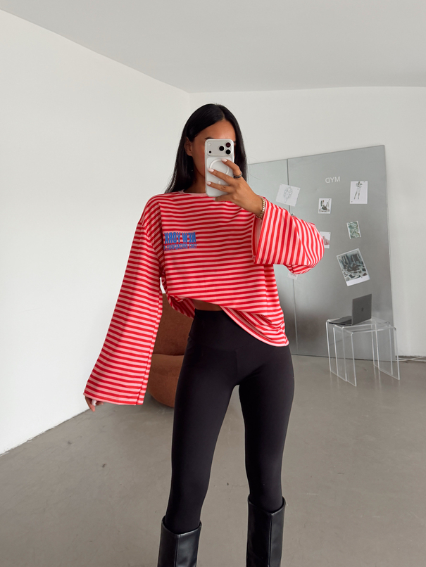 İnce Çizgili New York Baskılı Sweat - Kırmızı-Pembe