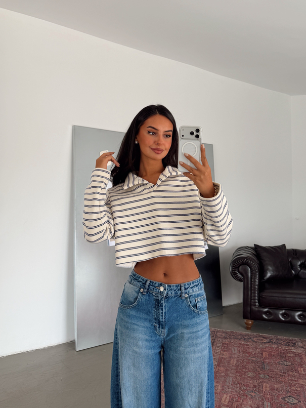 Polo Yaka Çizgili Crop Sweat - Mavi