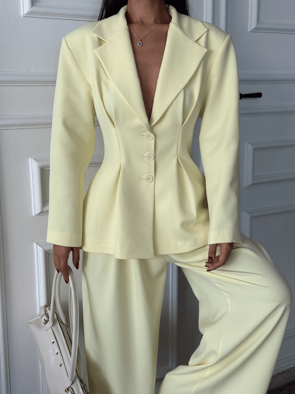 Pile Detay Oturtmalı Blazer Ceket  - Sarı