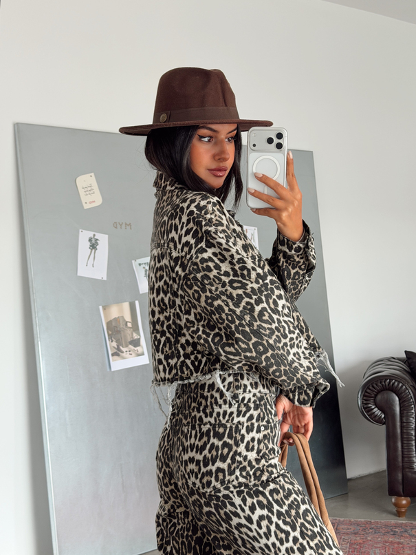 Desenli Crop Kot Ceket - Leopar