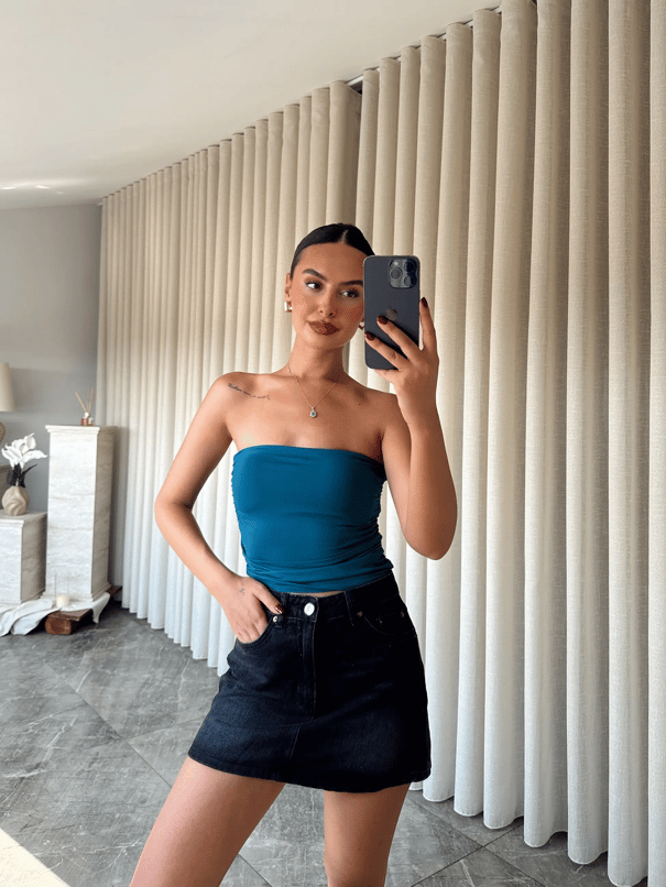 Drapeli Straplez Crop - İndigo