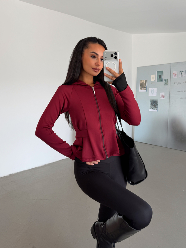 Beli Pileli Fermuarlı Sweat - Bordo