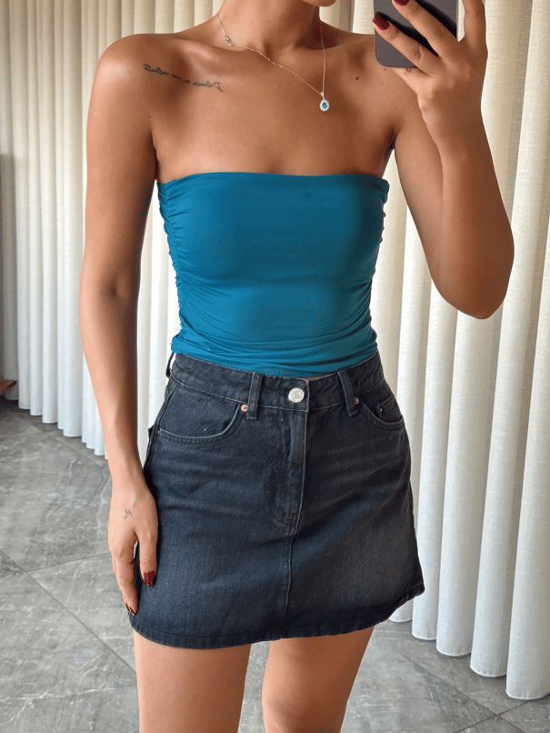 Drapeli Straplez Crop - İndigo