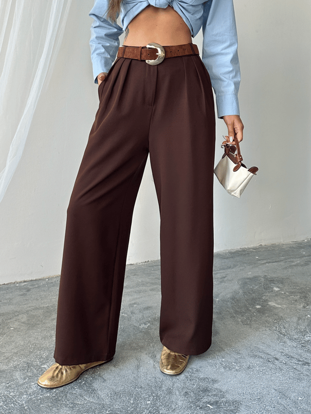 Üç Pile Palazzo Pantolon - Kahve