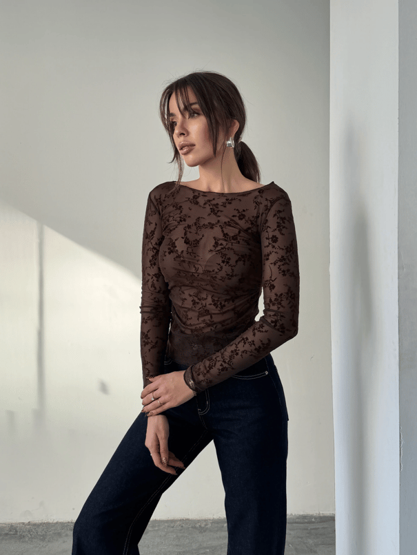 Flok Baskılı Basic Bluz - Kahve