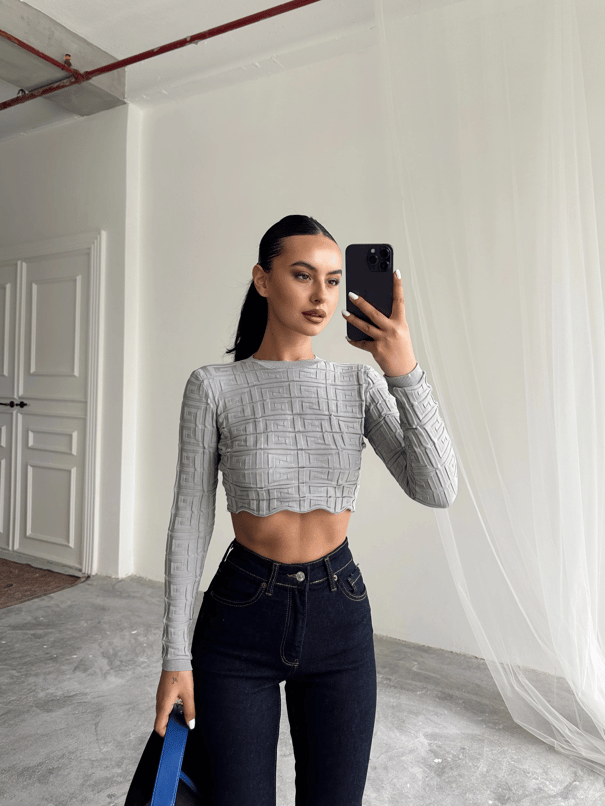 Labirent Desen Crop Triko Kazak Gri - Gri