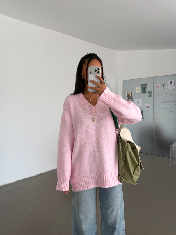 Oversize V Yaka Kazak - Pembe