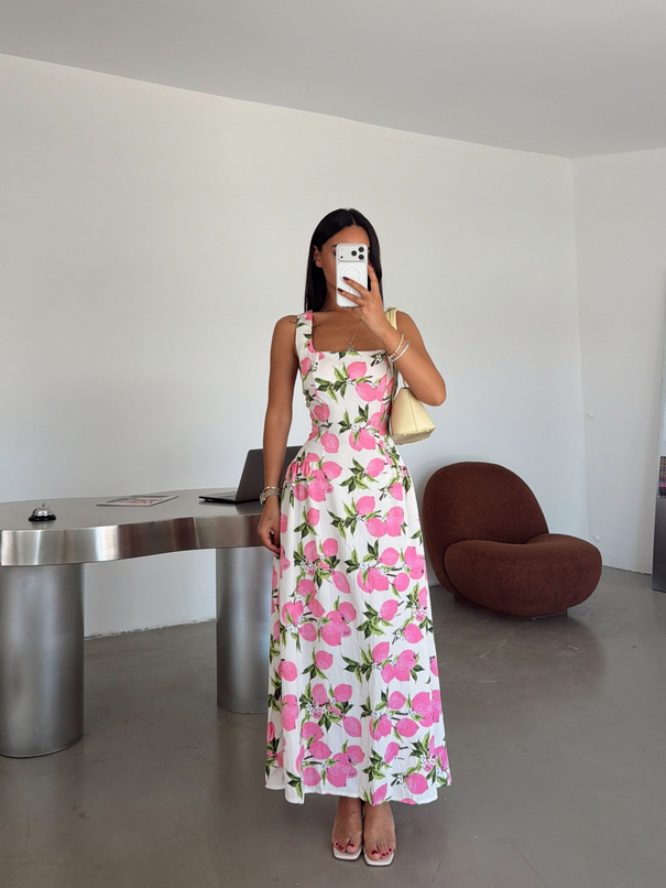 Limon Desenli Prenses Elbise - Pembe