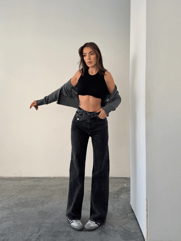 Kuşak Detaylı Jean - Siyah