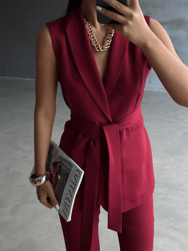 Bağlamalı Blazer Yelek  - Bordo