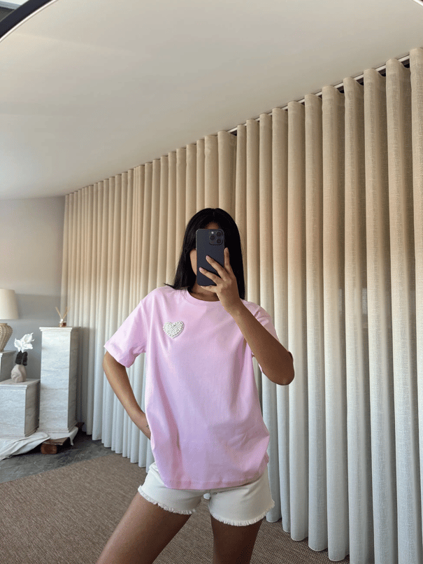 İnci Detay Oversize Basic - Pembe