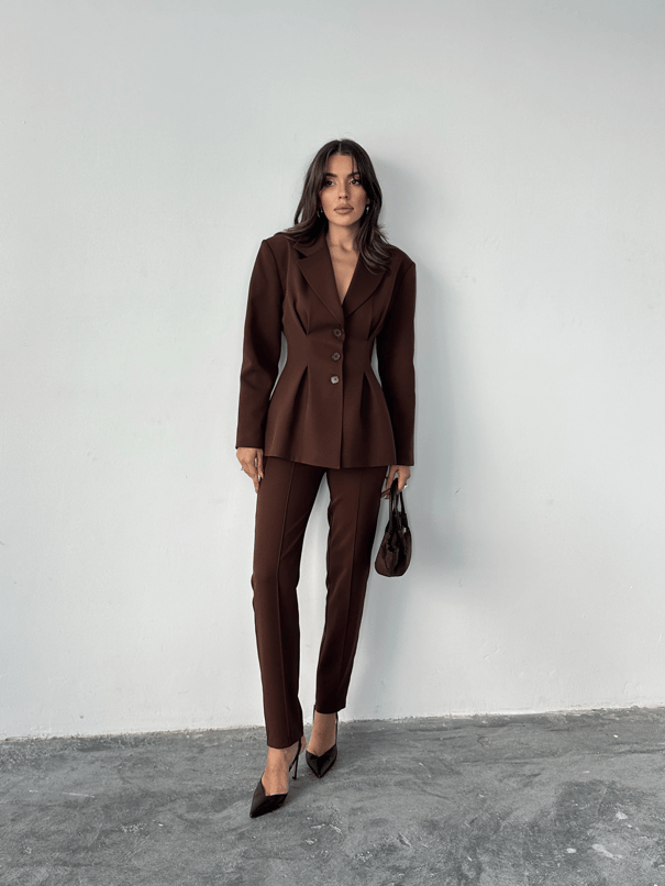 Pile Detay Oturtmalı Blazer Ceket  - Acı kahve