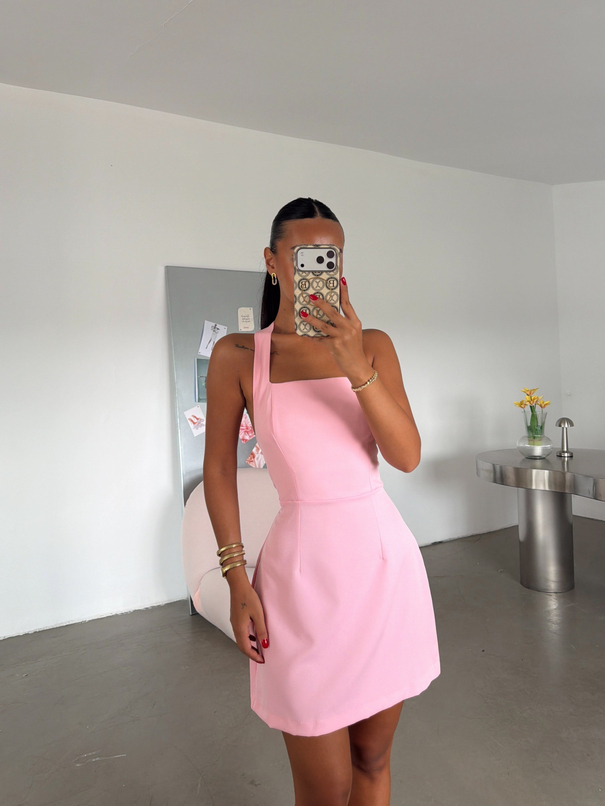 Kare Yaka Mini Dabıl Elbise - Pembe