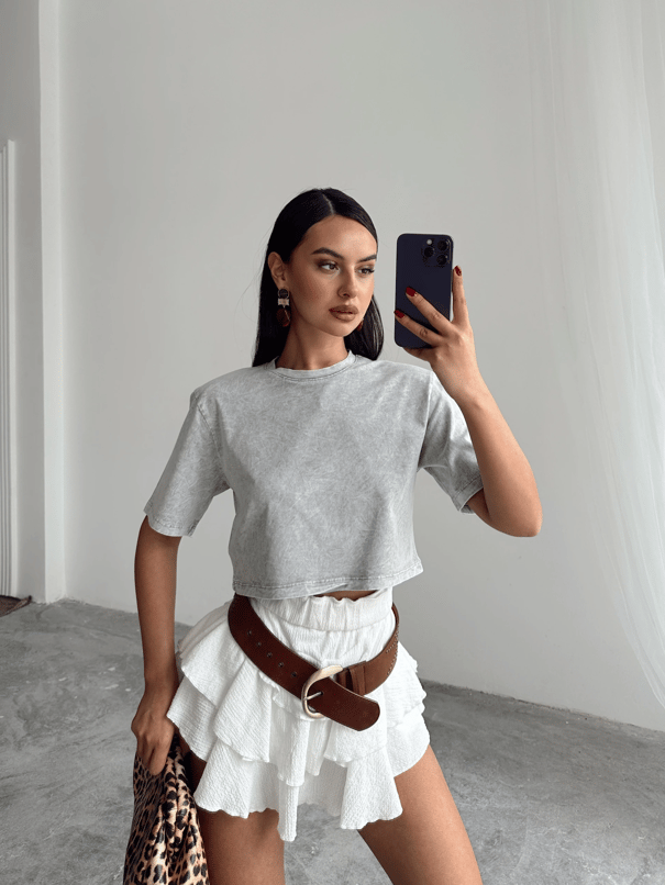 Yıkamalı Vatkalı Crop Basic - Gri