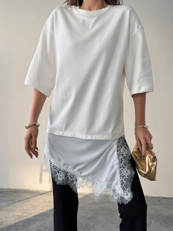 Dantel Detaylı Oversize Basic - Ekru