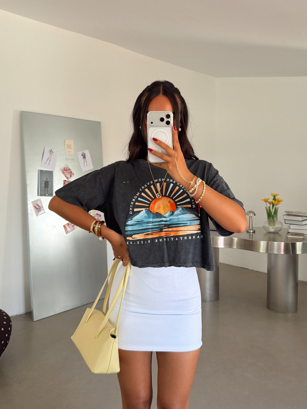 Baskılı Yıkama Basic T-shirt - Füme