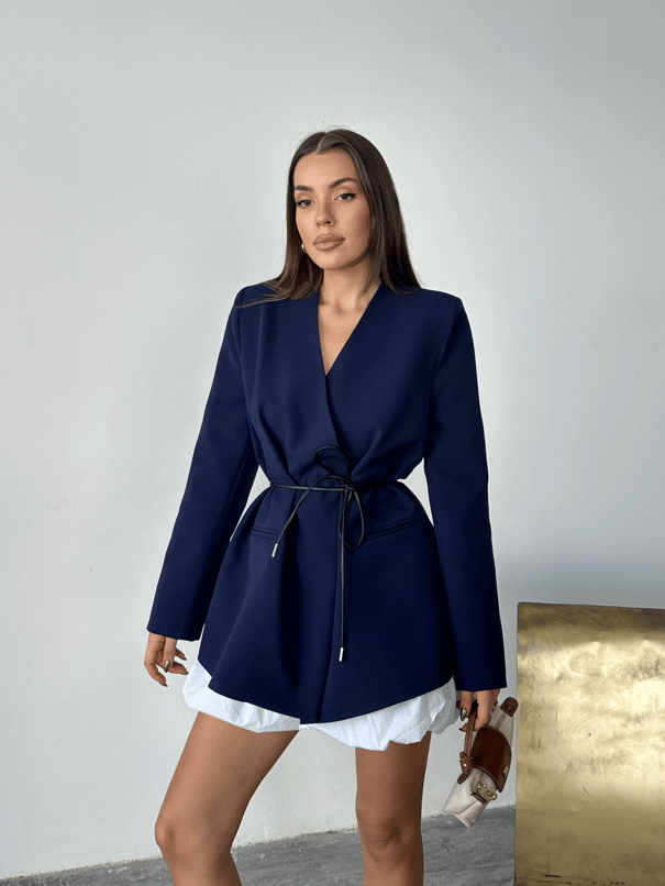 Deri Kemerli Blazer Ceket - Lacivert