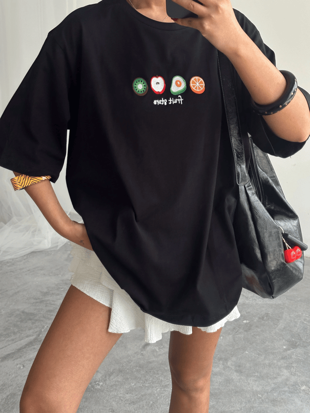 Fruit Nakış Basic T-shirt Siyah - Siyah