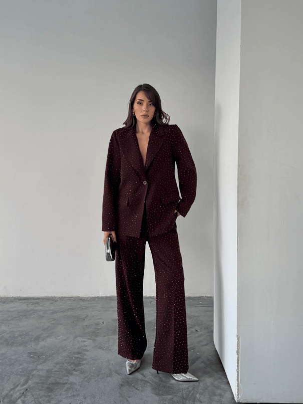 Premium Taş Detaylı Ceket Pantolon Takım  - Mürdüm