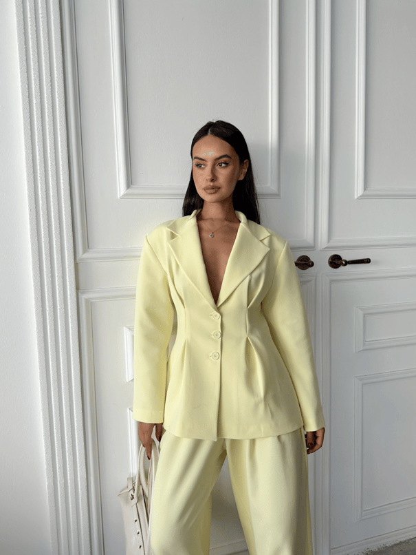 Pile Detay Oturtmalı Blazer Ceket  - Sarı