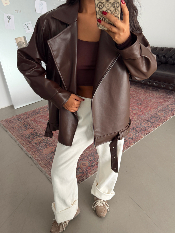 Kemerli Oversize Deri Ceket  - Kahve