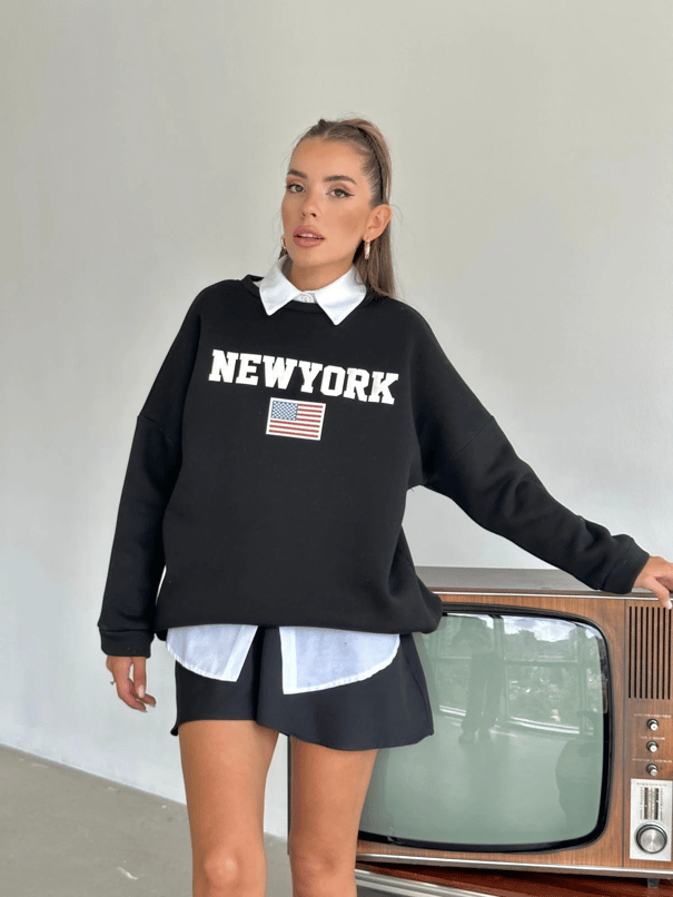 State Baskı Üç İplik Şardonlu Sweat Siyah - Siyah