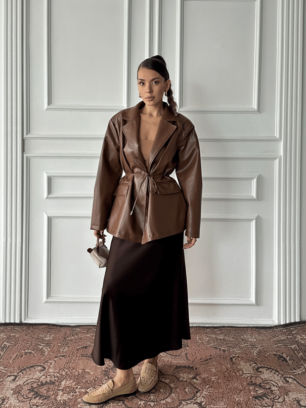 Belden Bağlamalı Deri Ceket - Kahve