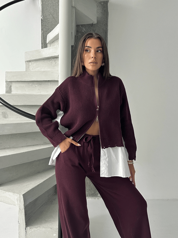 Poplin Fermuarlı Triko Takım - Mürdüm