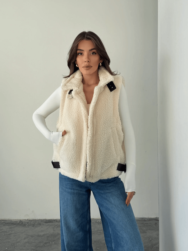 Kemer Detaylı Kürk Yelek - Ekru