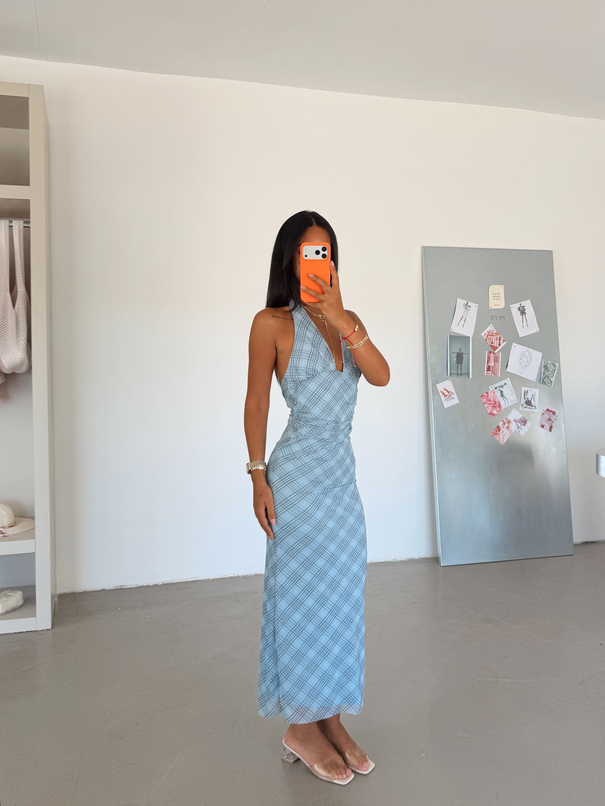 Drape Detaylı Boyundan Bağlamalı Elbise - Mavi