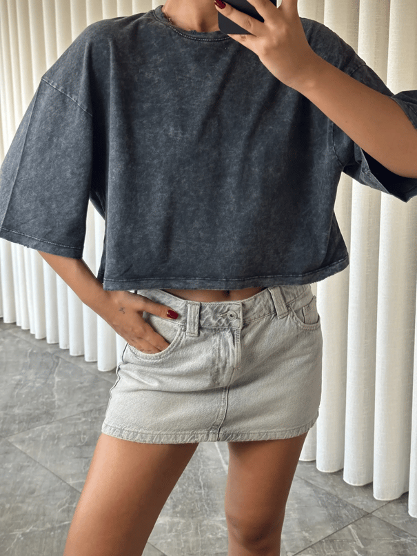 Yıkamalı Düz Crop Basic - Füme