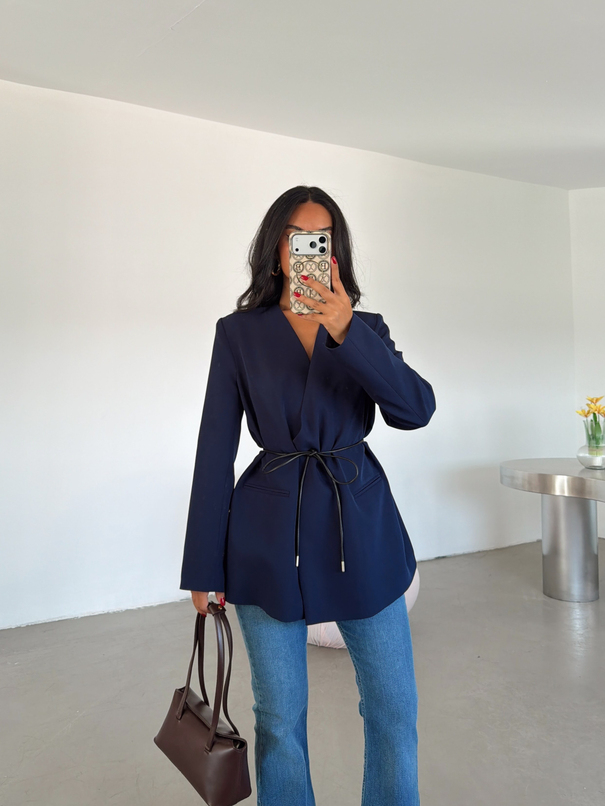 Deri Kemerli Blazer Ceket - Lacivert