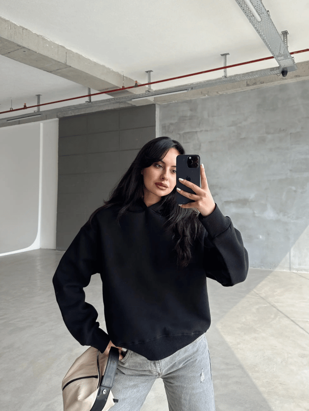 Kapüşonlu Sweatshırt Siyah - Siyah