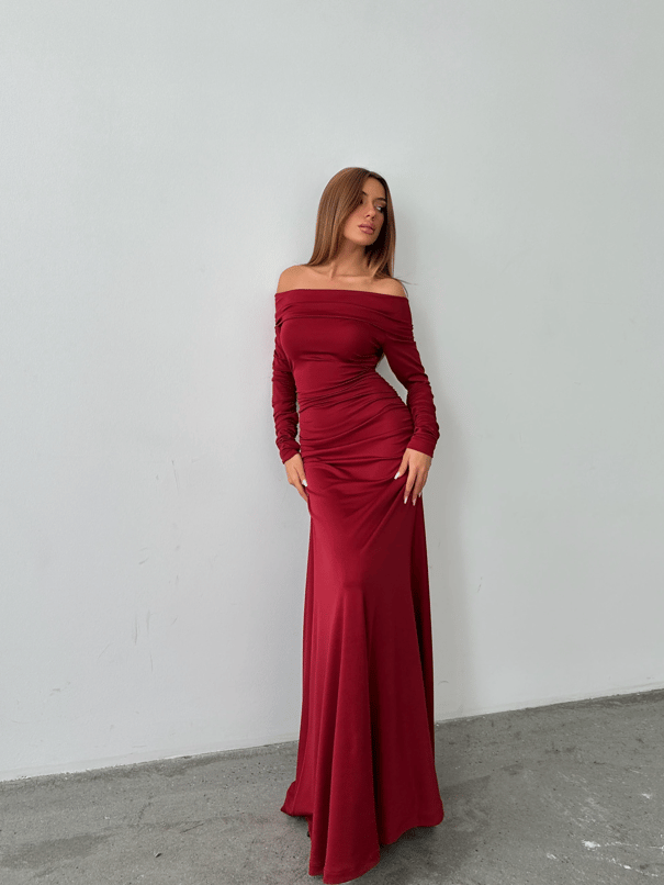 Madonna Yaka Uzun Elbise Bordo - Bordo
