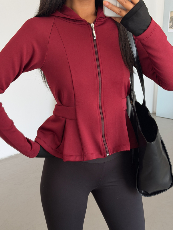 Beli Pileli Fermuarlı Sweat - Bordo