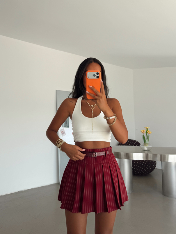 Pileli Çizgili Mini Etek - Bordo