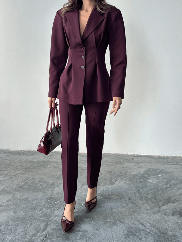 Pile Detay Oturtmalı Blazer Ceket  - Mürdüm