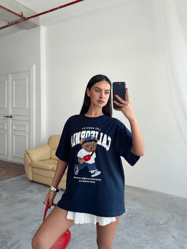 Oversize Bear Nakışlı T-shirt - Lacivert