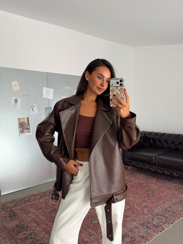 Kemerli Oversize Deri Ceket  - Kahve