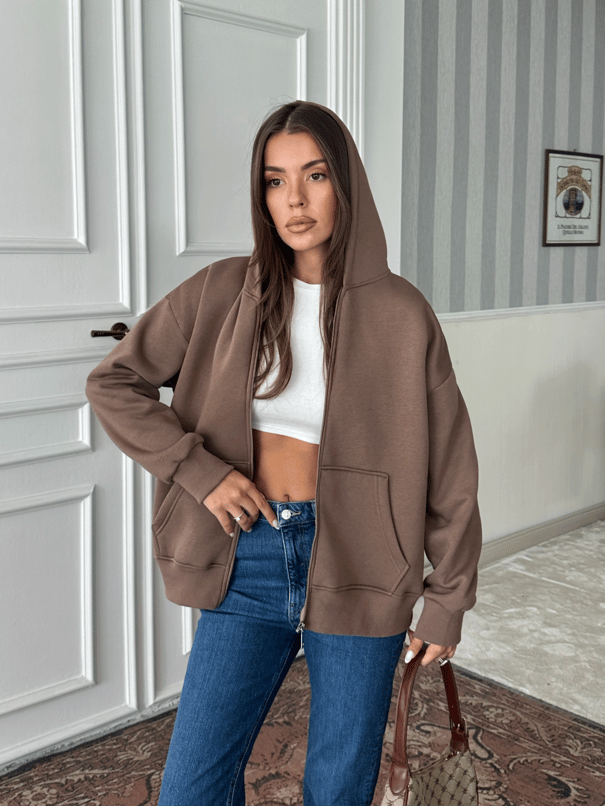 Fermuarlı Cepli Sweat - Kahve