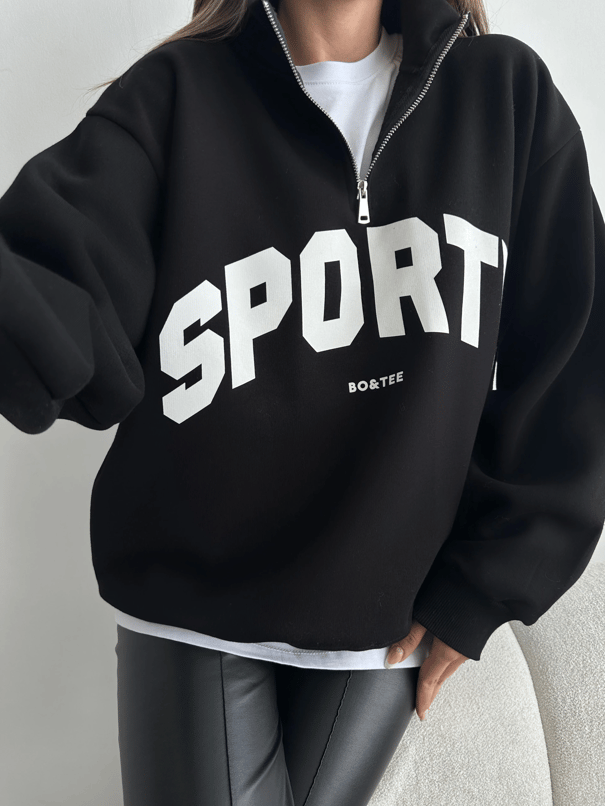 Sporty Yarım Fermuar Sweat - Siyah