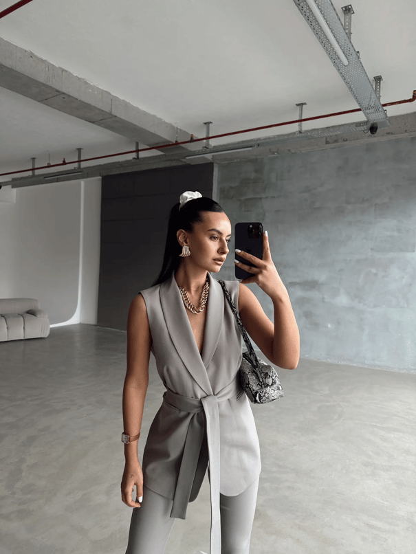 Bağlamalı Blazer Yelek  - Gri