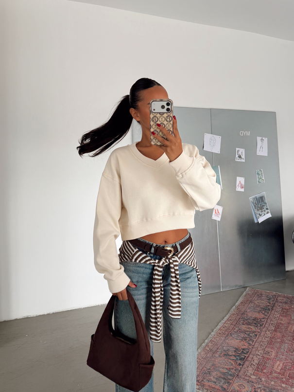 V Yaka Ribanalı Sweatshirt - Taş