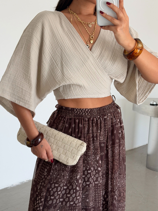 Bağlamalı Müslin Kimono Bluz - Taş